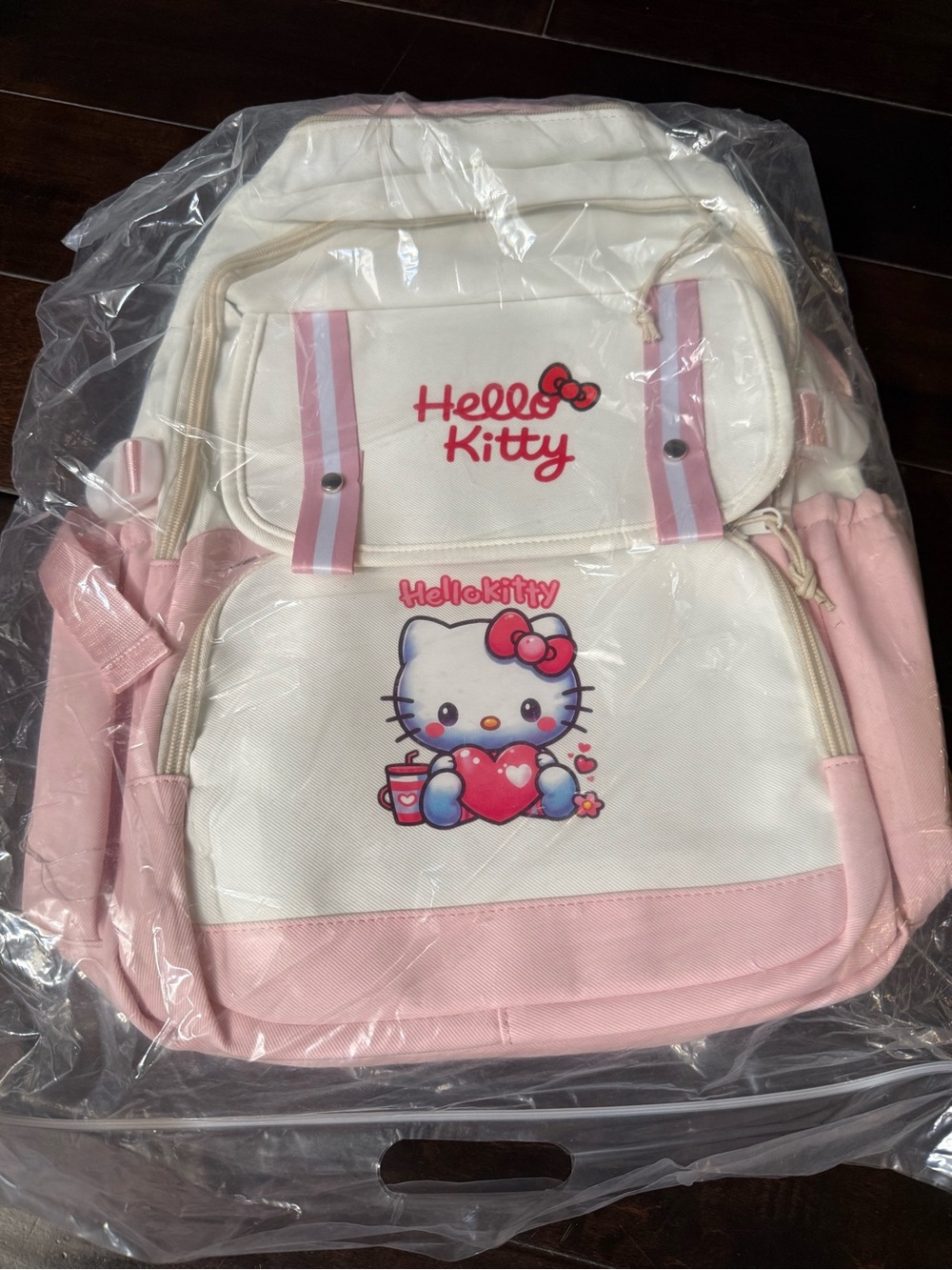 New Hello Kitty Pink & White Kids Backpack with Small Round Pouch
